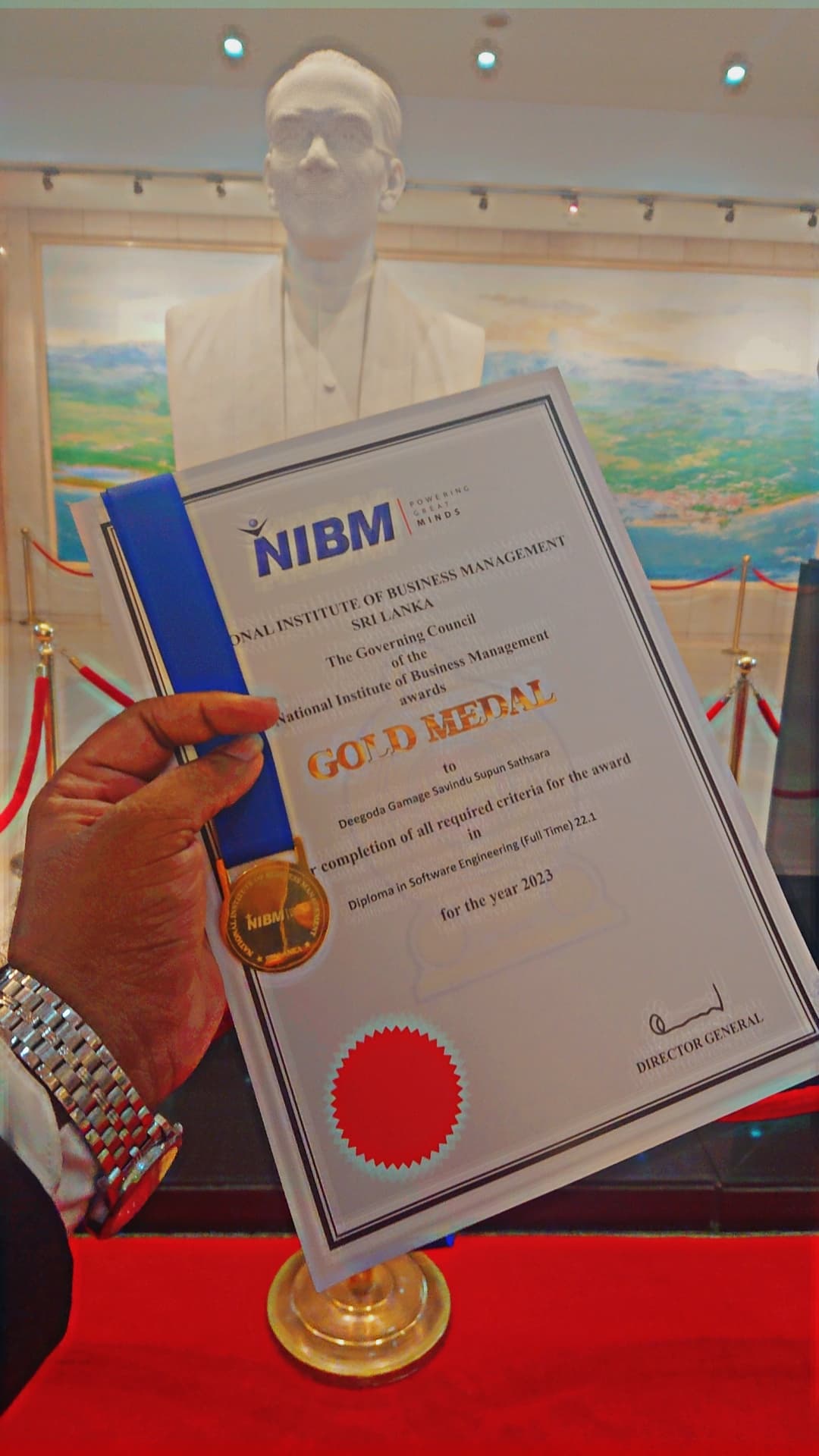 NIBM Gold Medal award certificate for Diploma in Software Engineering 2023